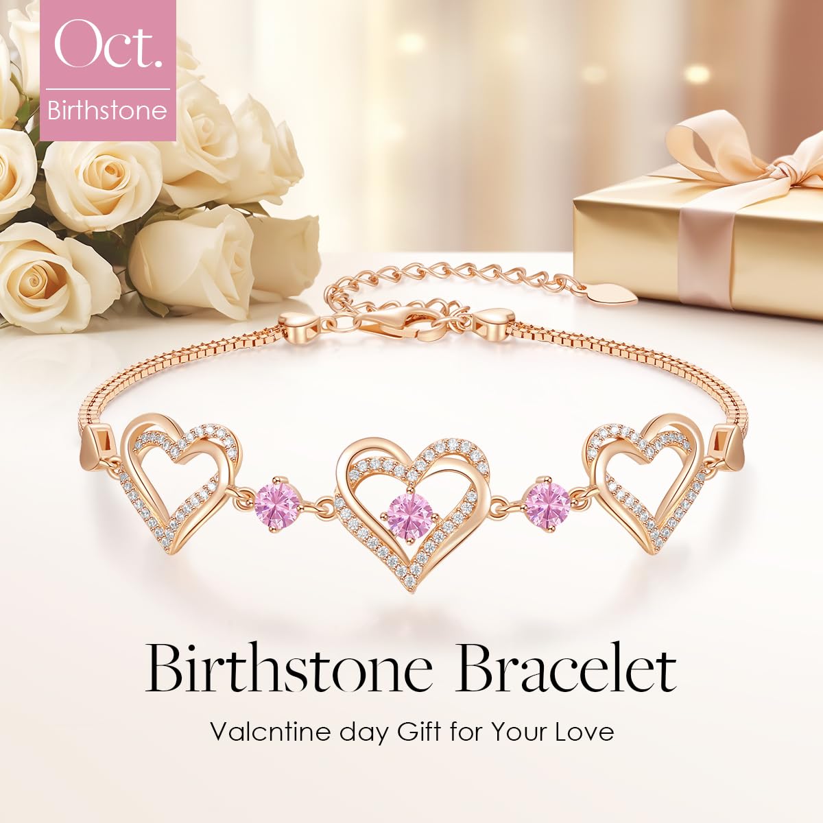 CDE 18K Rose Gold Heart Bracelets,Birthstone Jewelry Gifts for Women