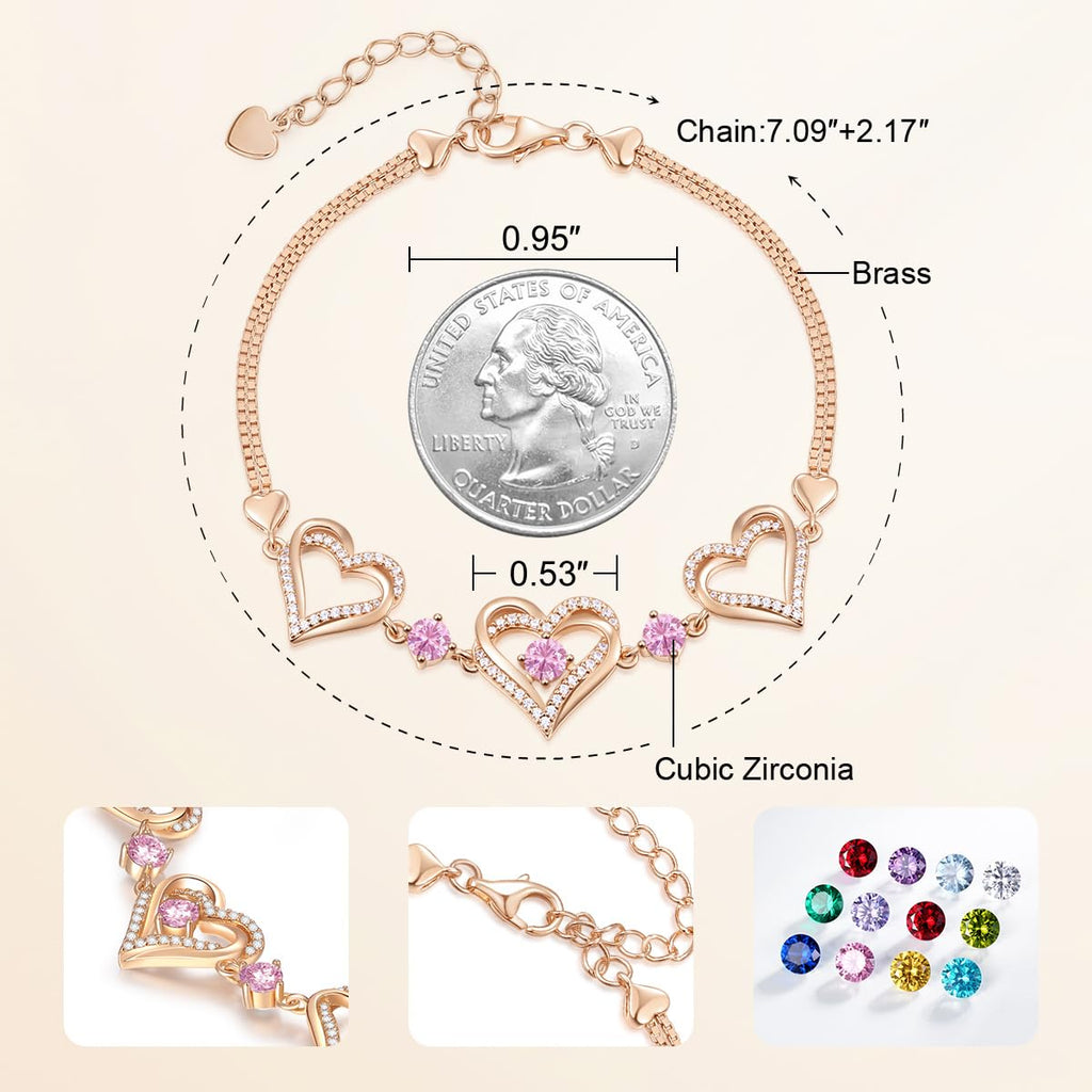 CDE 18K Rose Gold Heart Bracelets,Birthstone Jewelry Gifts for Women