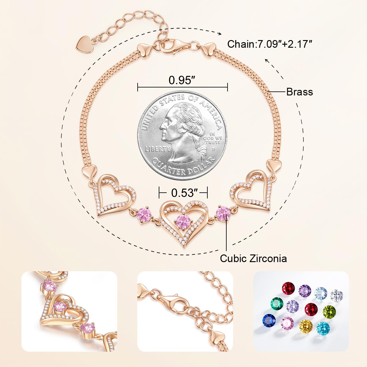 CDE 18K Rose Gold Heart Bracelets,Birthstone Jewelry Gifts for Women