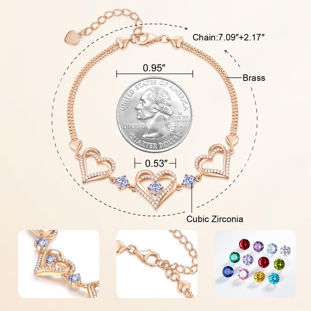 CDE 18K Rose Gold Heart Bracelets,Birthstone Jewelry Gifts for Women