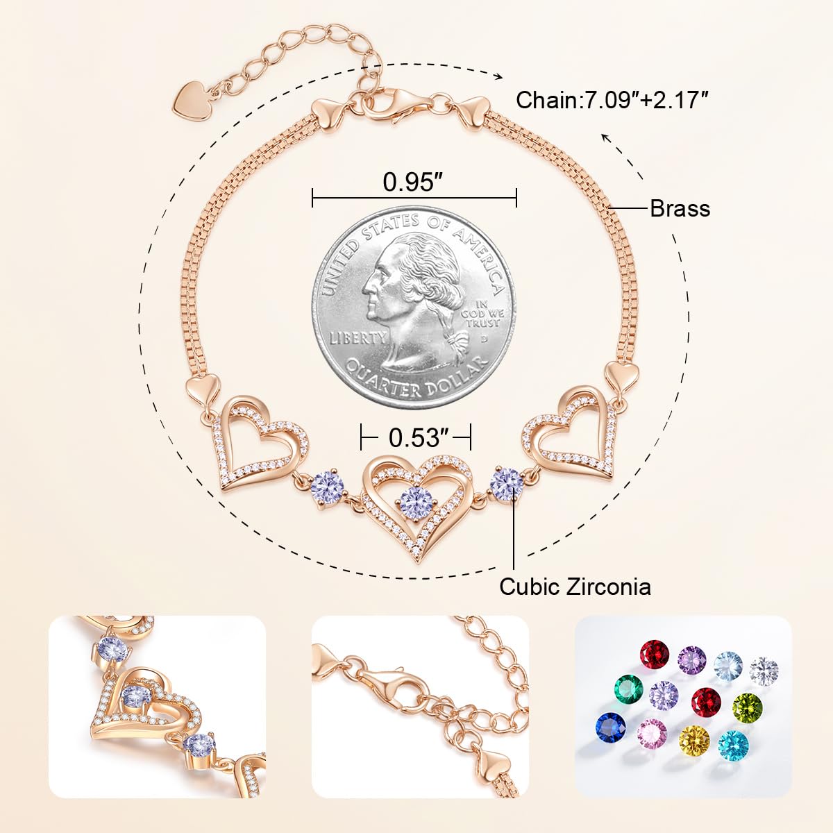 CDE 18K Rose Gold Heart Bracelets,Birthstone Jewelry Gifts for Women