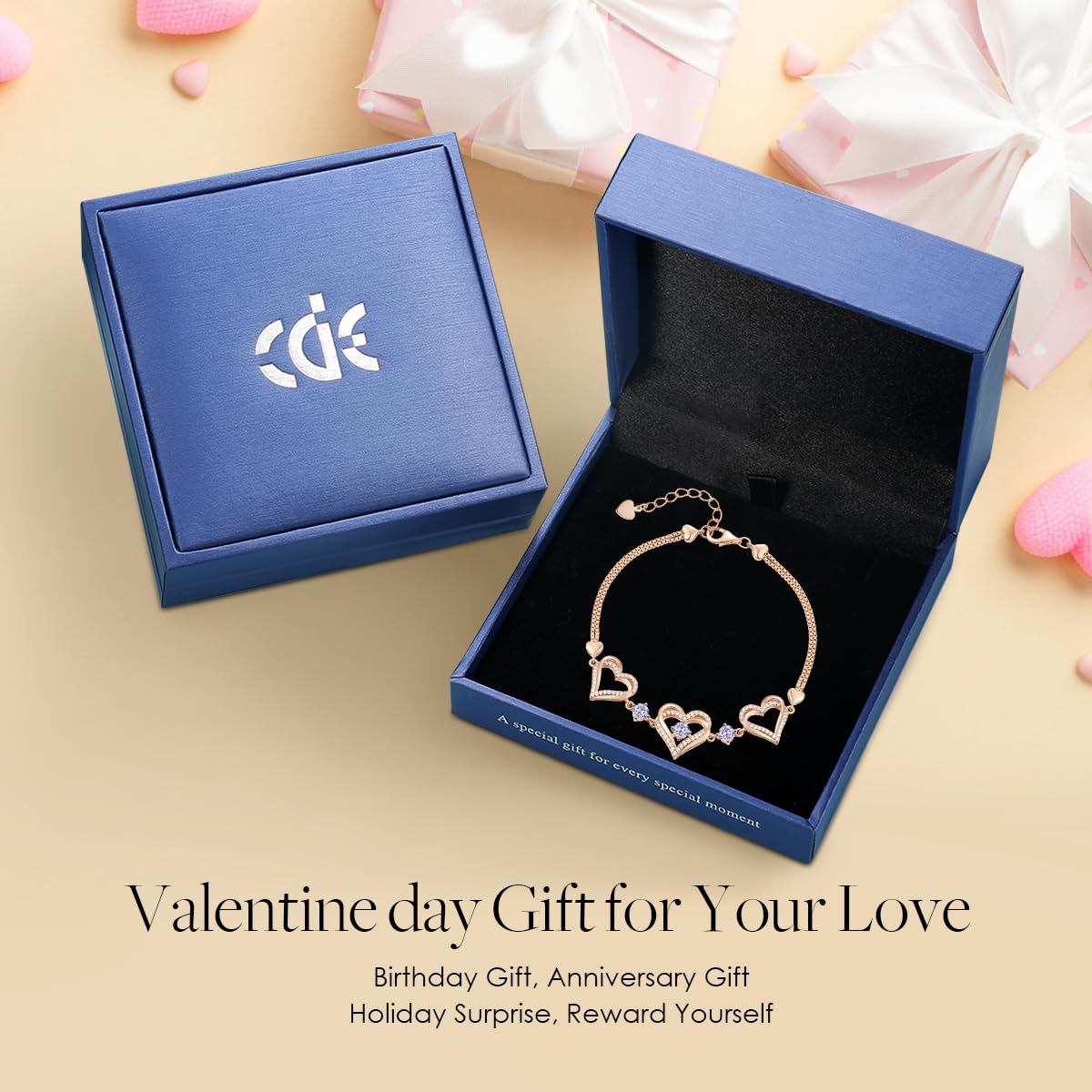 CDE 18K Rose Gold Heart Bracelets,Birthstone Jewelry Gifts for Women