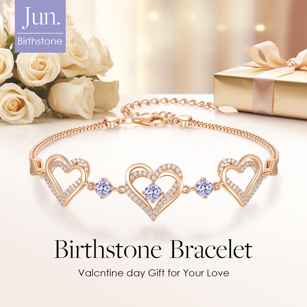 CDE 18K Rose Gold Heart Bracelets,Birthstone Jewelry Gifts for Women