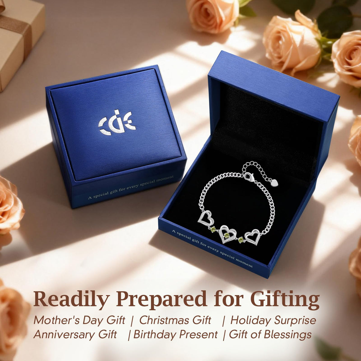 CDE 18K Rose Gold Heart Bracelets,Birthstone Jewelry Gifts for Women