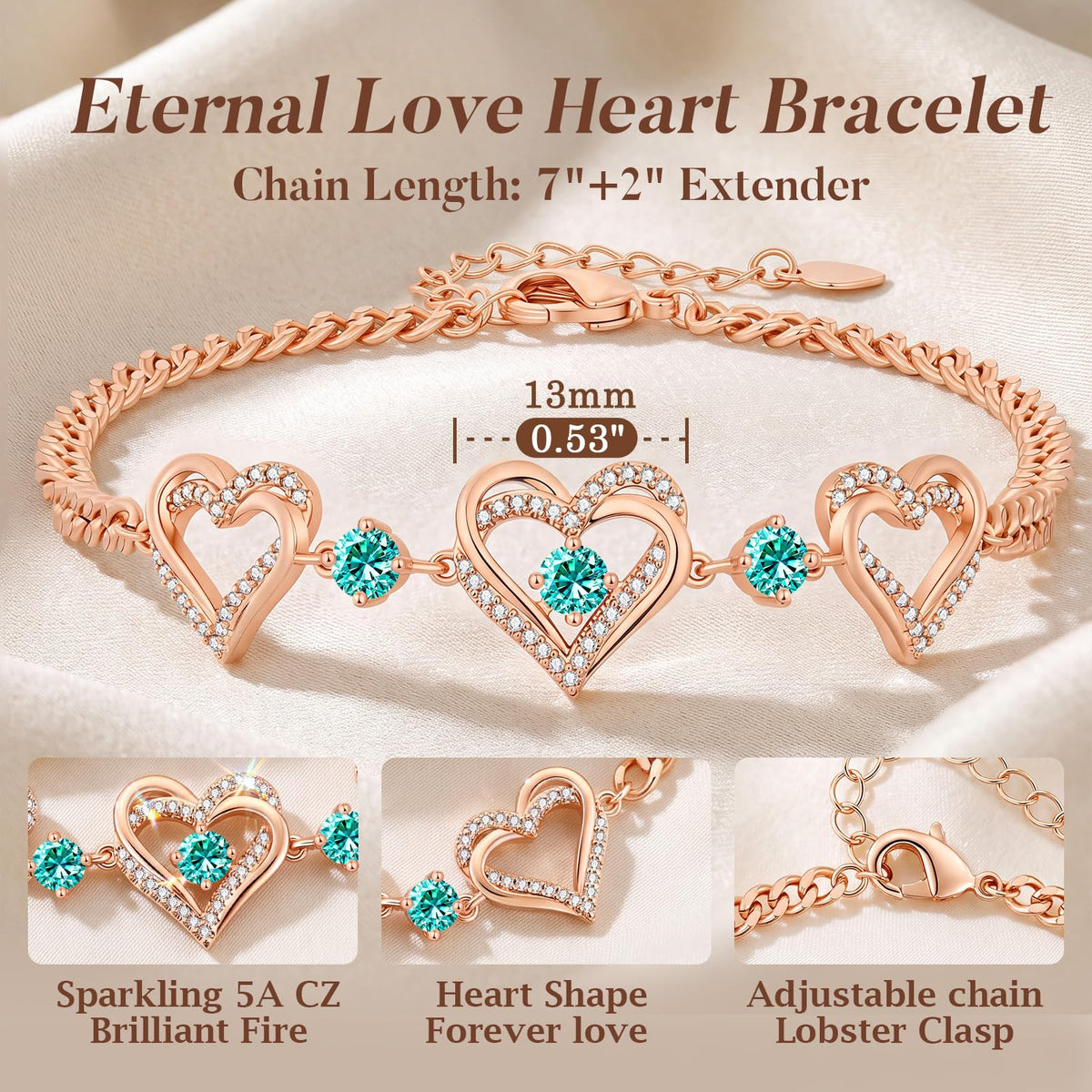 CDE 18K Rose Gold Heart Bracelets,Birthstone Jewelry Gifts for Women
