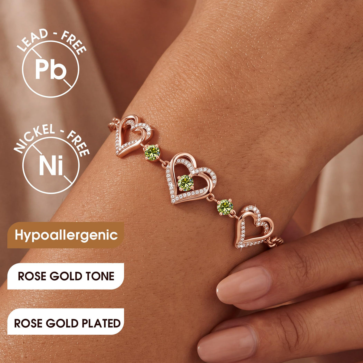 CDE 18K Rose Gold Heart Bracelets,Birthstone Jewelry Gifts for Women