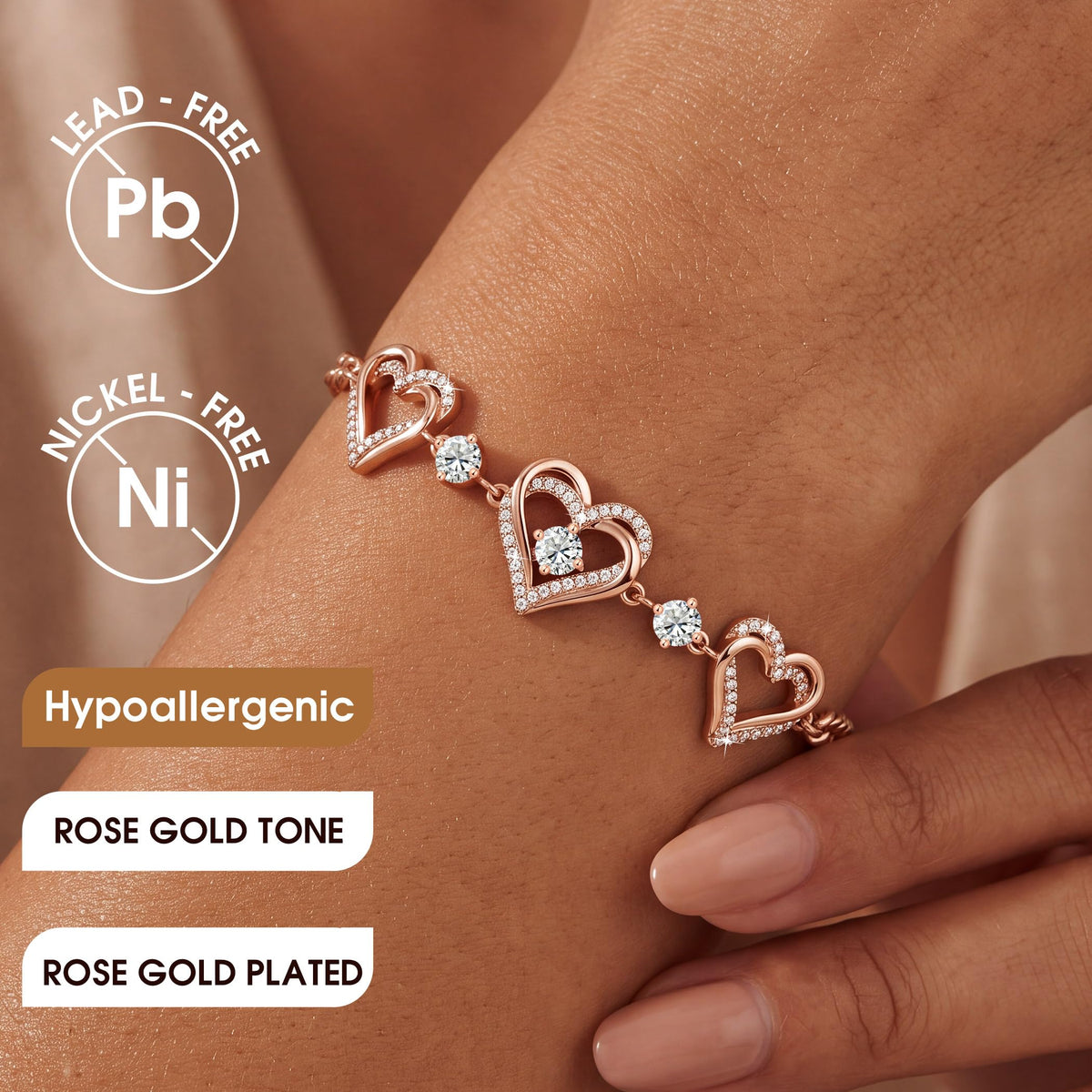 CDE 18K Rose Gold Heart Bracelets,Birthstone Jewelry Gifts for Women