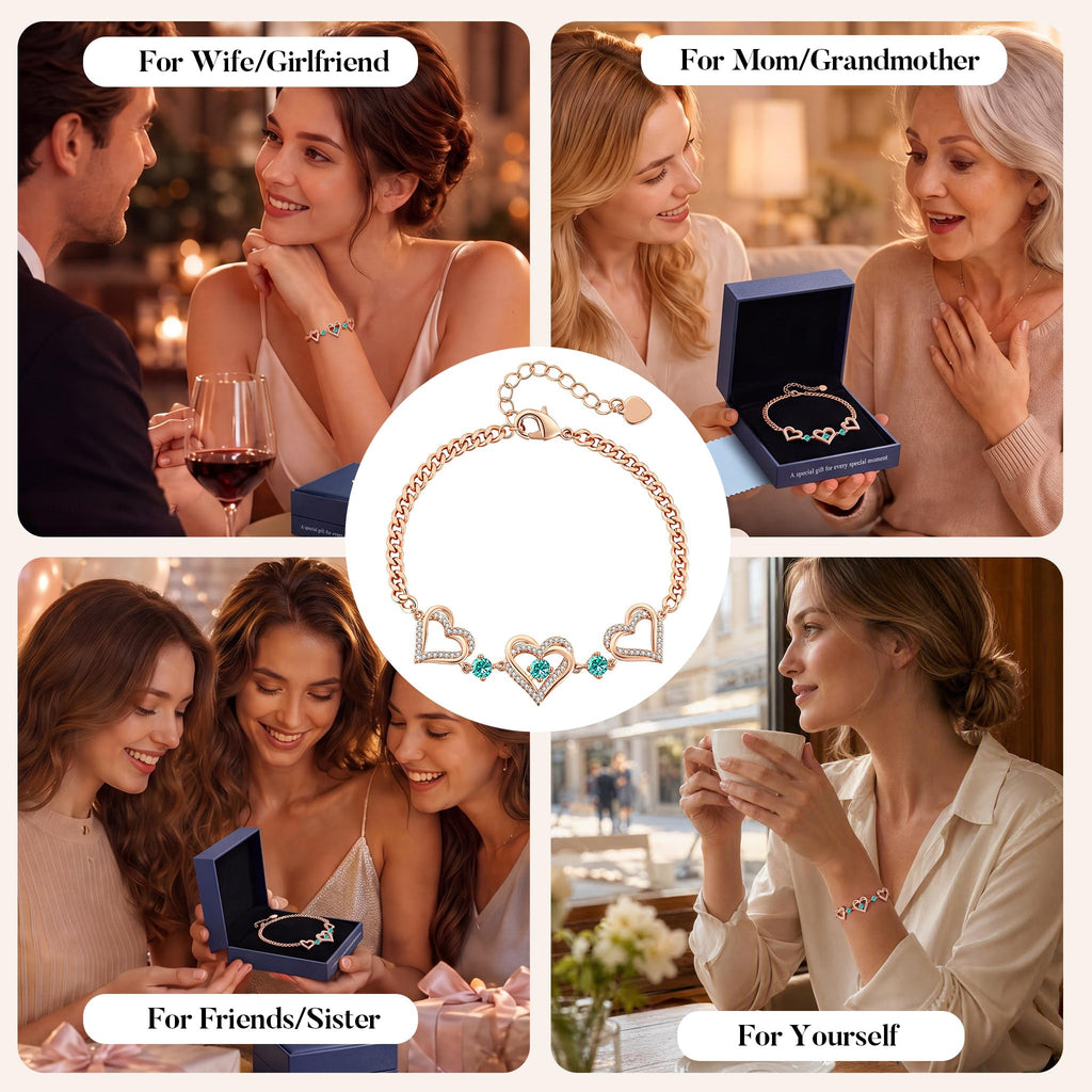 CDE 18K Rose Gold Heart Bracelets,Birthstone Jewelry Gifts for Women