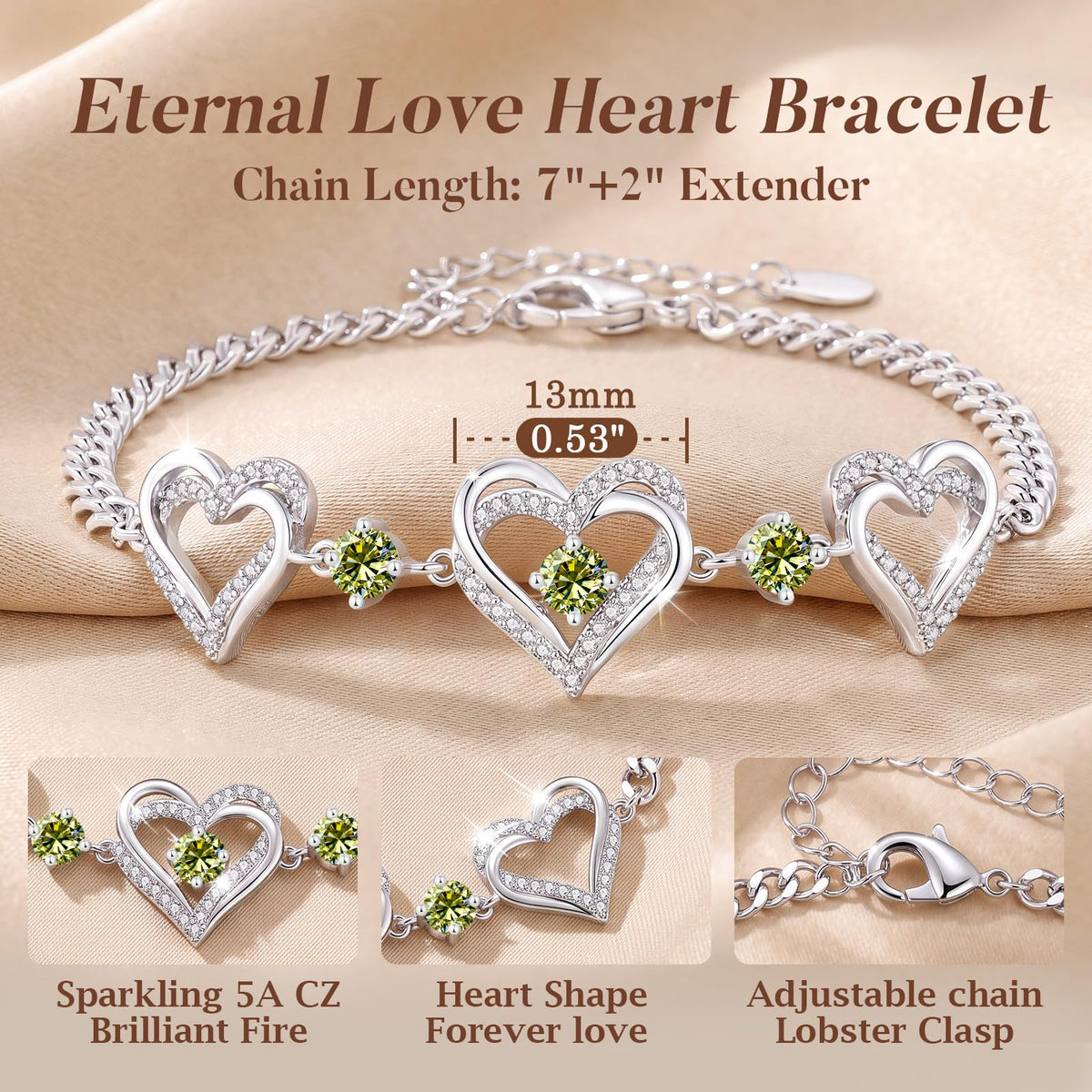 CDE 18K Rose Gold Heart Bracelets,Birthstone Jewelry Gifts for Women