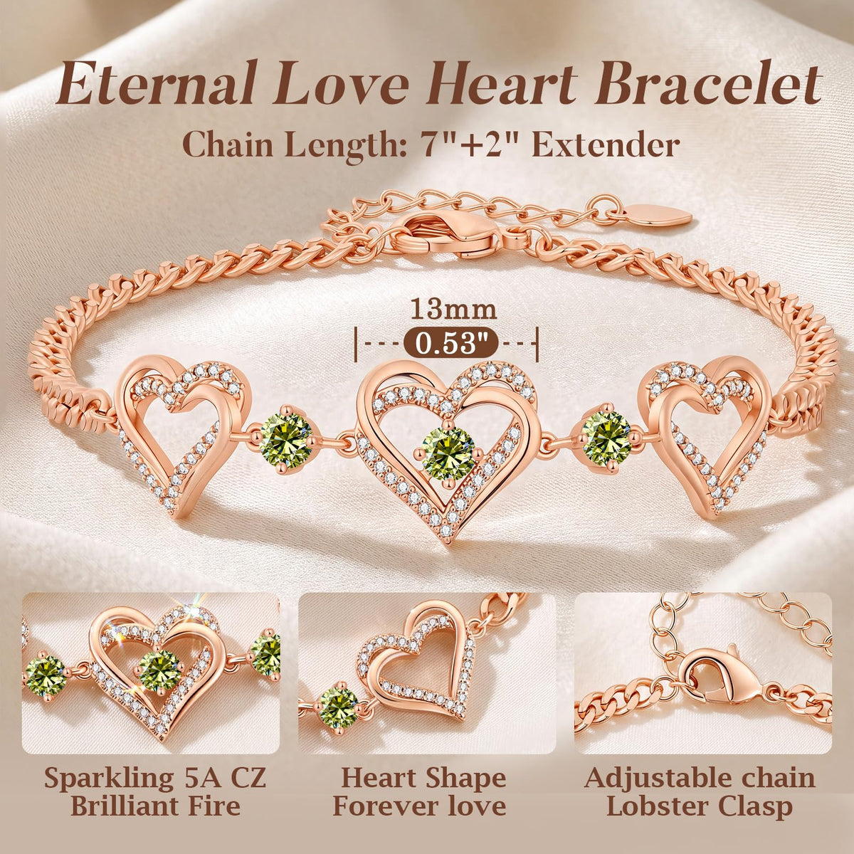 CDE 18K Rose Gold Heart Bracelets,Birthstone Jewelry Gifts for Women
