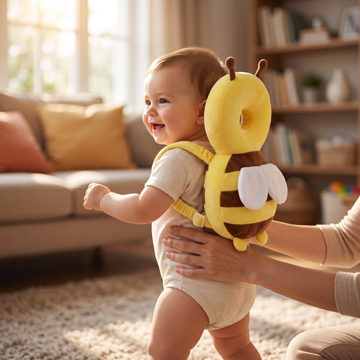 COJIN ANTI CAÍDA PARA CABEZA Y ESPALDA DE BEBE PROTECCION AL GATEAR Y CAMINAR DISENO DE ABEJITA